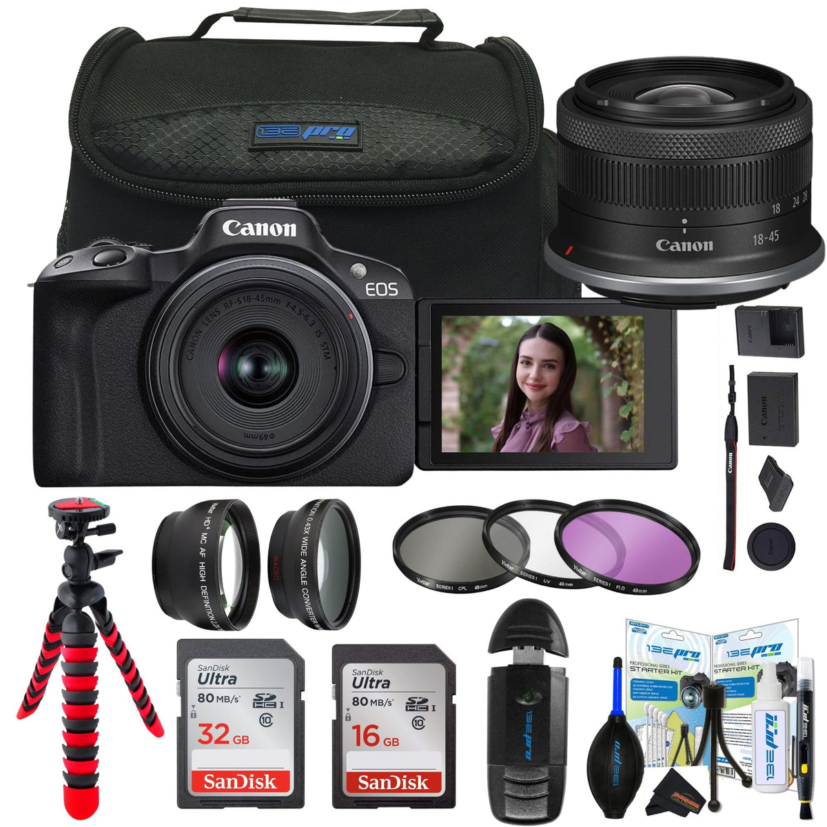 Canon EOS R50 renewed with RF-S18-45mm lens offers a compact photography setup.