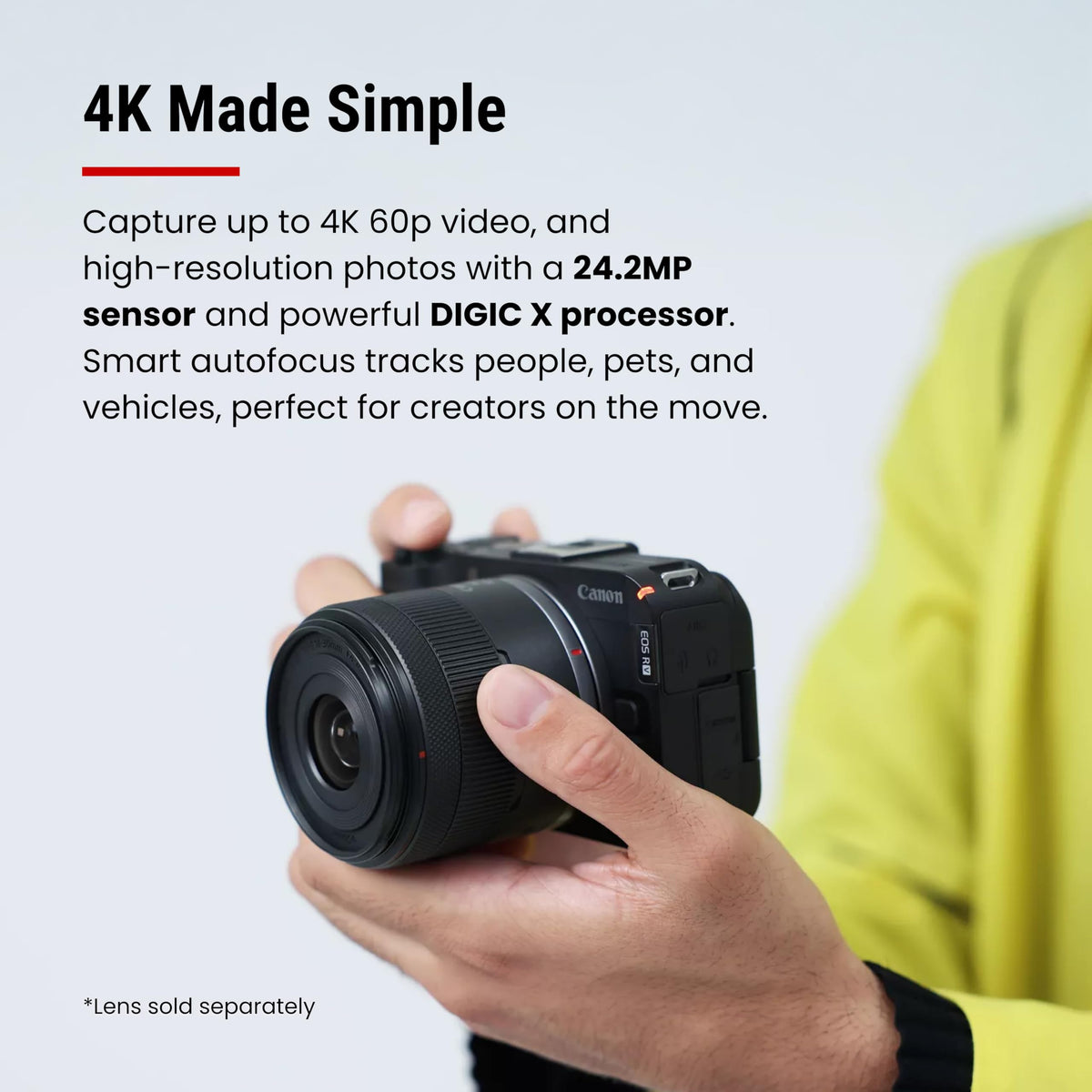 Canon EOS R50 V front record button enables quick one-handed capture during shoots.