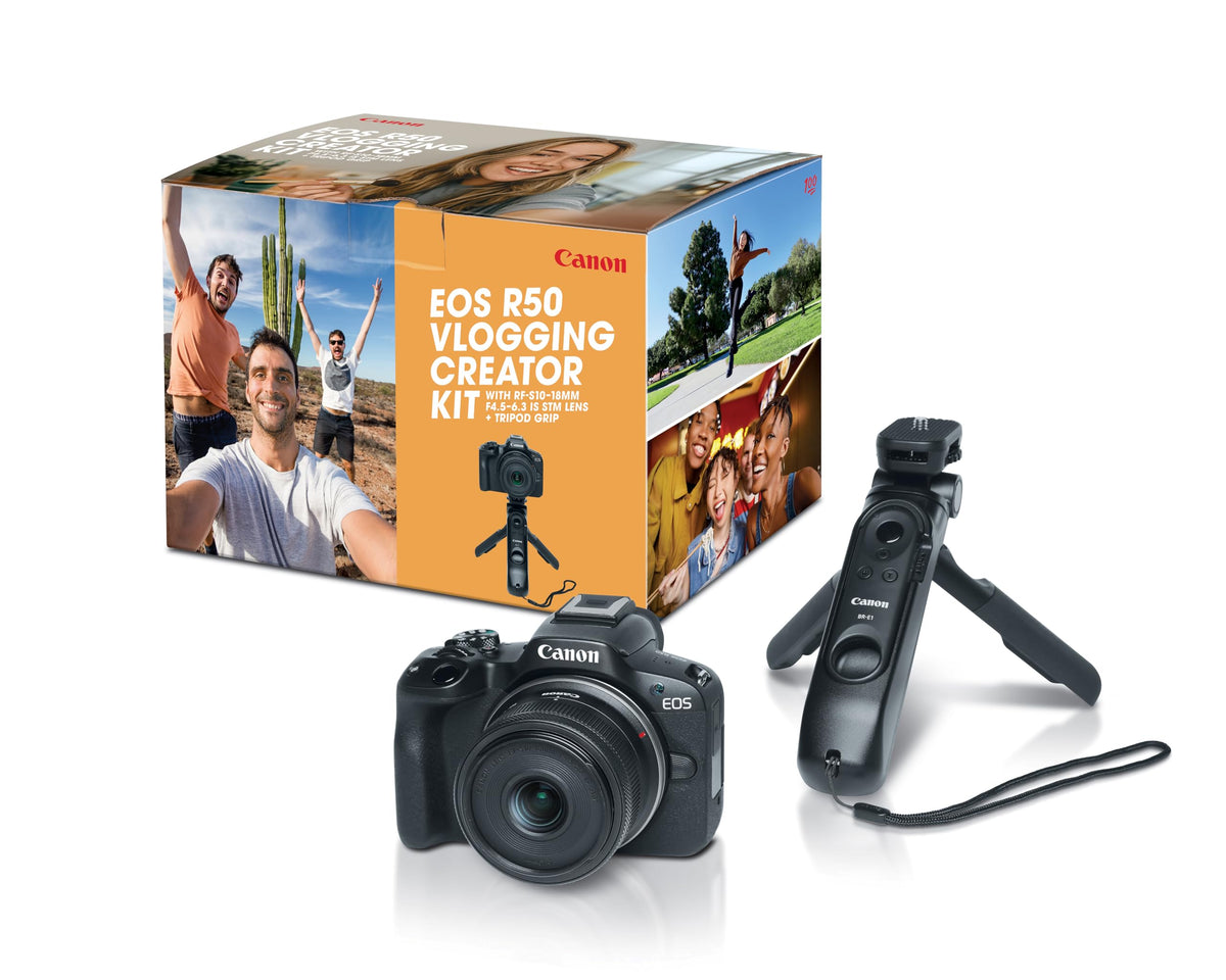 Canon EOS R50 camera body and grip, compact for on-the-go vlogging.