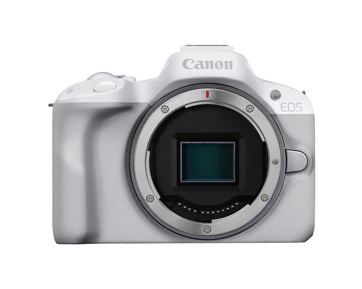 Canon EOS R50 white body shot highlighting its compact design for travel photography.