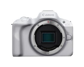 Canon EOS R50 white body shot highlighting its compact design for travel photography.