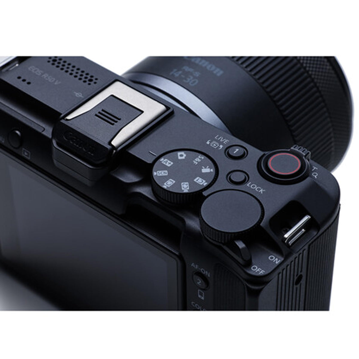 Canon EOS R50V tulip hood reduces lens flare in bright environments.