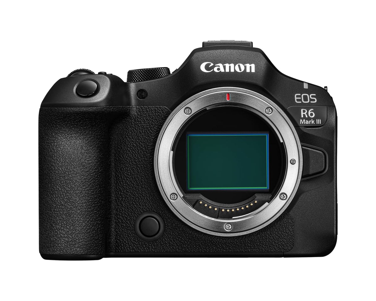 Canon EOS R6 Mark III body front-angle view ideal for portable travel shoots.