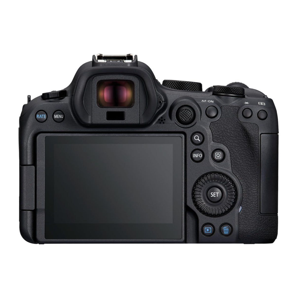 Canon EOS R6 Mark II body with black finish and compact kit lens.