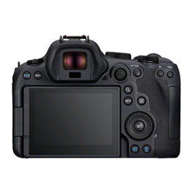 Canon EOS R6 Mark II body with black finish and compact kit lens.