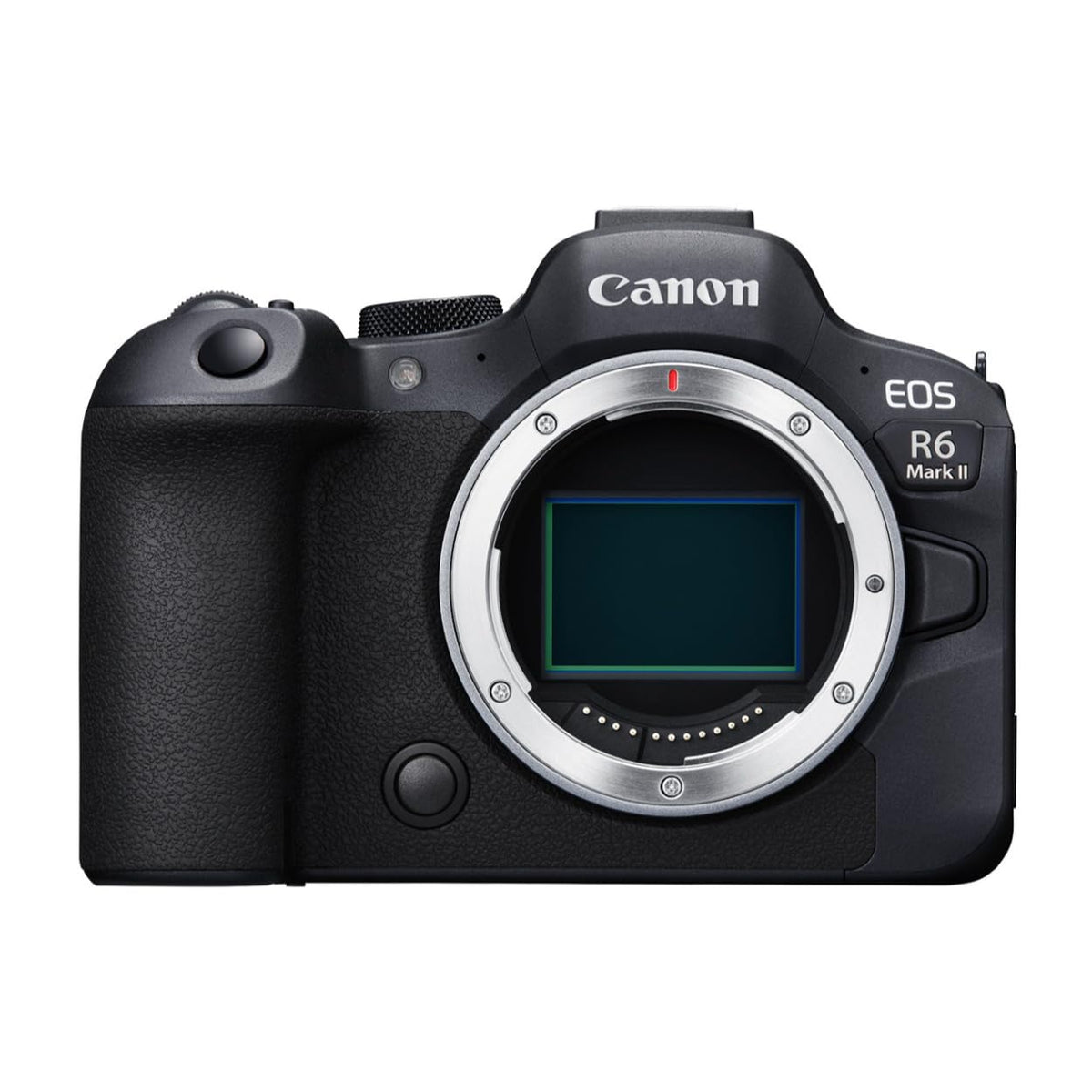 Canon EOS R6 Mark II body front view, 24.2 MP full-frame clarity for sharp stills.