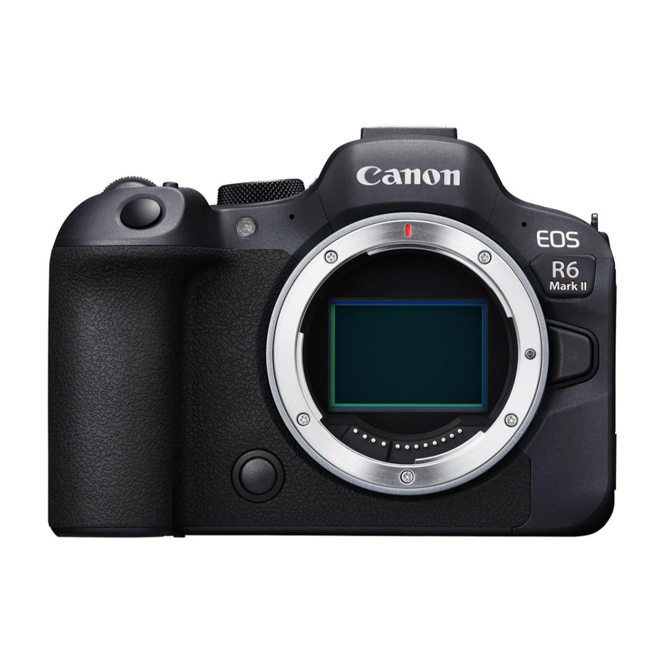 Canon EOS R6 Mark II body front view, 24.2 MP full-frame clarity for sharp stills.