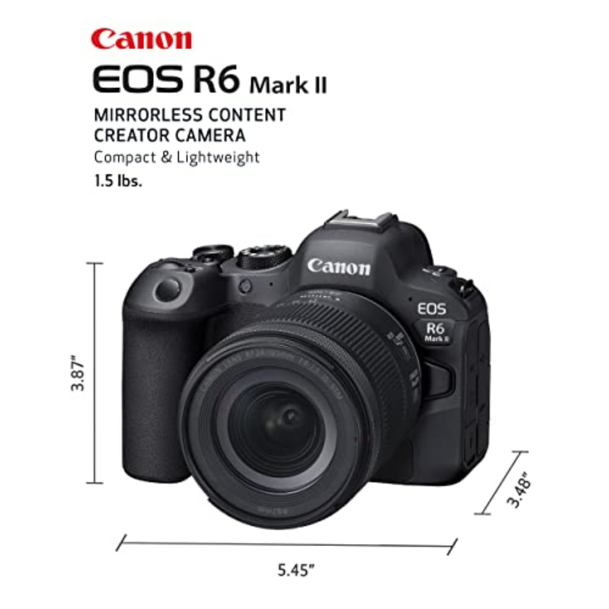 Canon EOS R6 Mark II with RF24-105mm lens for flexible travel and events.