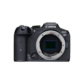 Canon EOS R7 body front view highlighting compact, portable design for on-the-go shooting