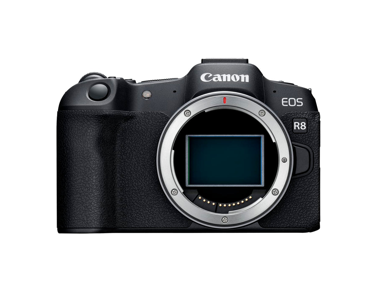 Canon EOS R8 body front view highlights compact full-frame design for versatile photography.