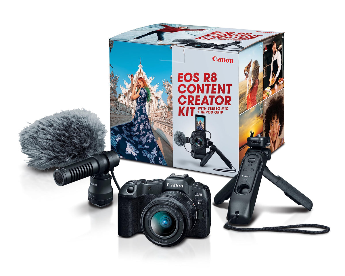 Canon EOS R8 camera body with content creator kit for versatile full-frame imaging on the go.
