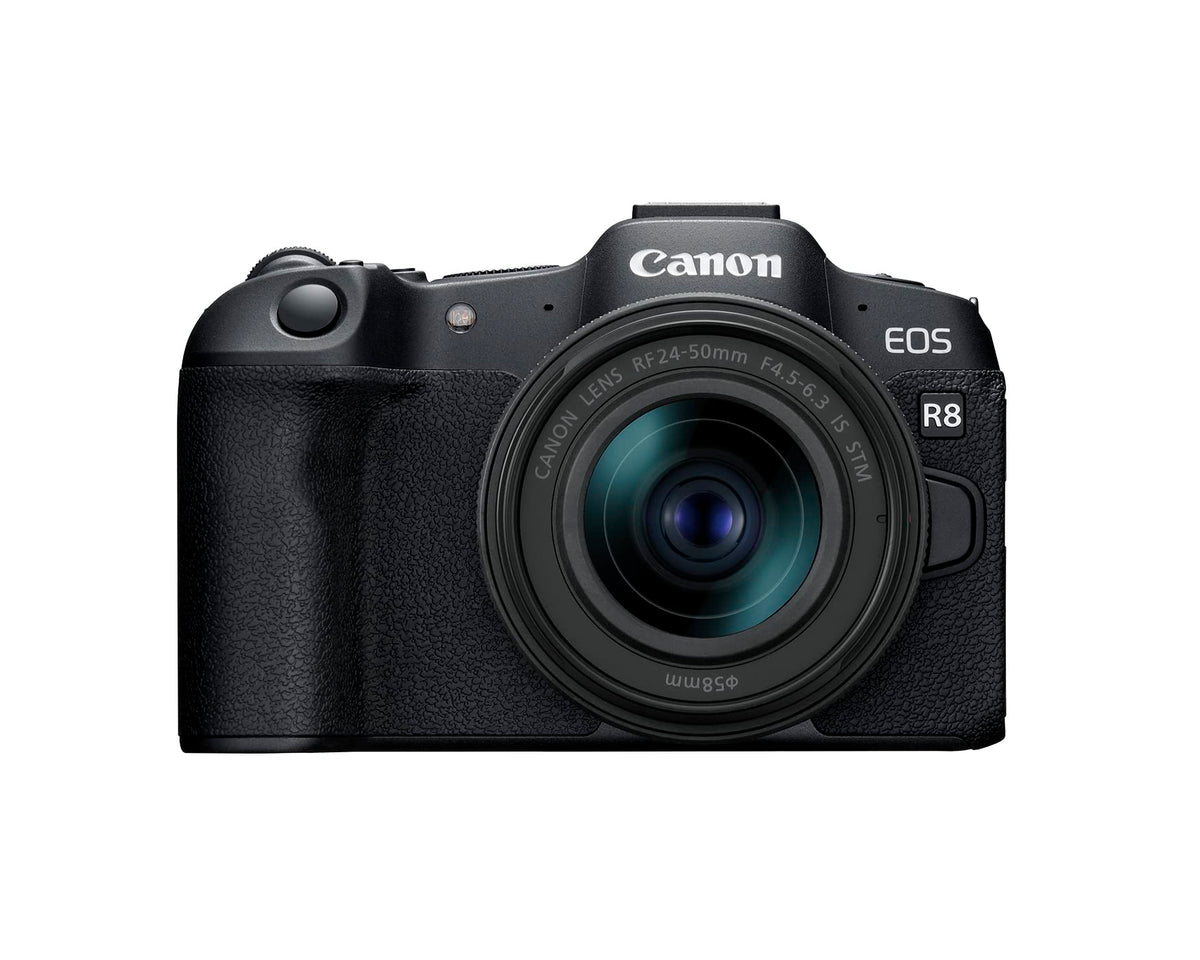 Canon EOS R8 front view highlights a compact full-frame body for travel photography