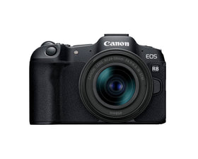 Canon EOS R8 front view highlights a compact full-frame body for travel photography