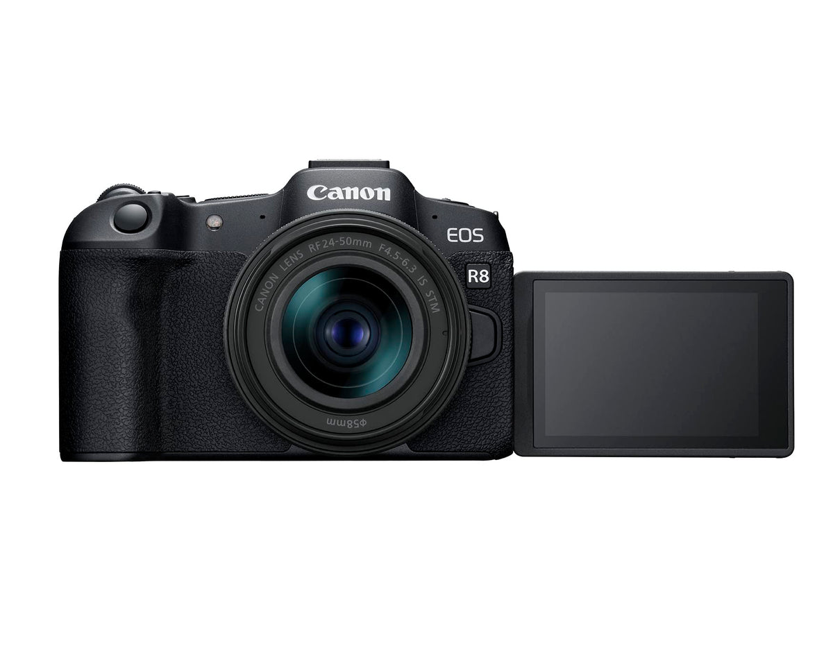 Canon EOS R8 with RF24-50mm lens focusing wide to standard shots, ideal for vlogs.