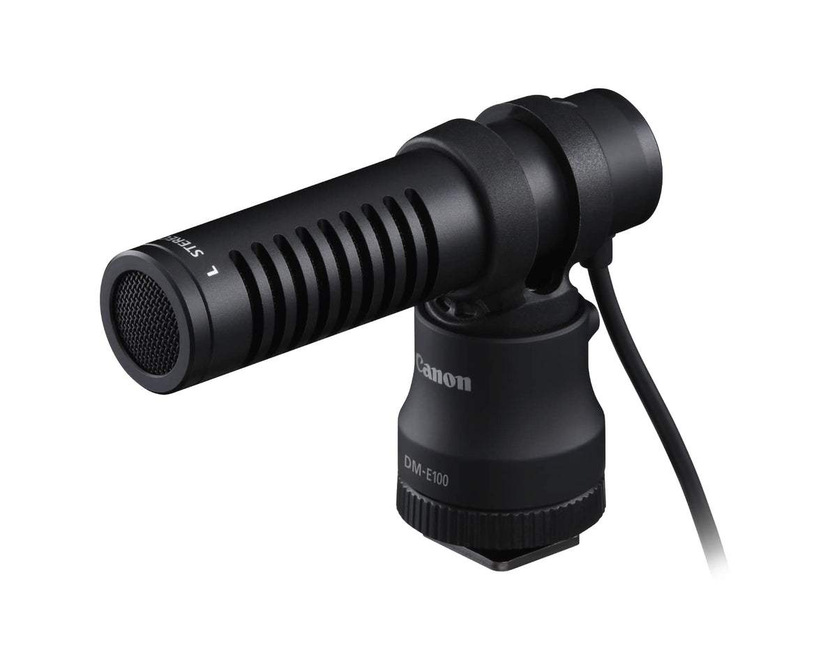 Canon DM-E100 stereo microphone with windscreen for clearer audio in indoor and outdoor shoots.
