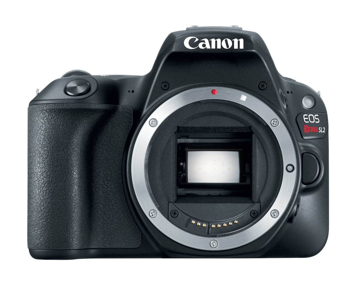 Canon EOS Rebel SL2 camera front view showing compact DSLR design for travel use