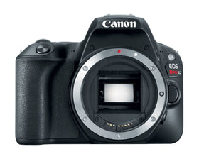 Canon EOS Rebel SL2 camera front view showing compact DSLR design for travel use
