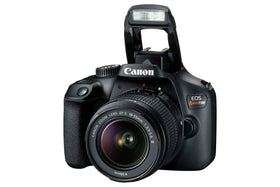 Canon EOS Rebel T100 back view with LCD screen, easy navigation.