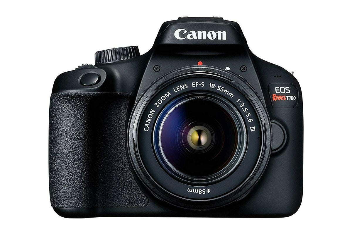 Canon EOS Rebel T100 front view with 18-55mm lens, beginner-friendly setup.