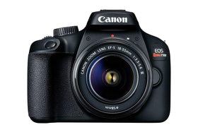 Canon EOS Rebel T100 front view with 18-55mm lens, beginner-friendly setup.