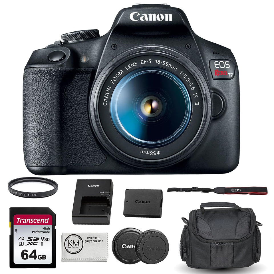 Canon EOS Rebel T7 with 18-55mm lens front view for easy beginner photography.