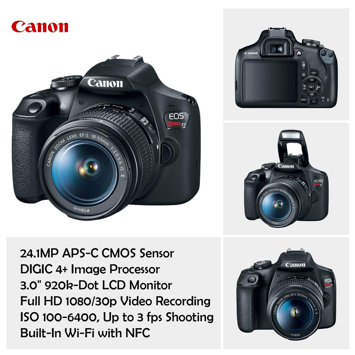 Canon EOS Rebel T7 with 75-300mm lens for versatile distant shots.