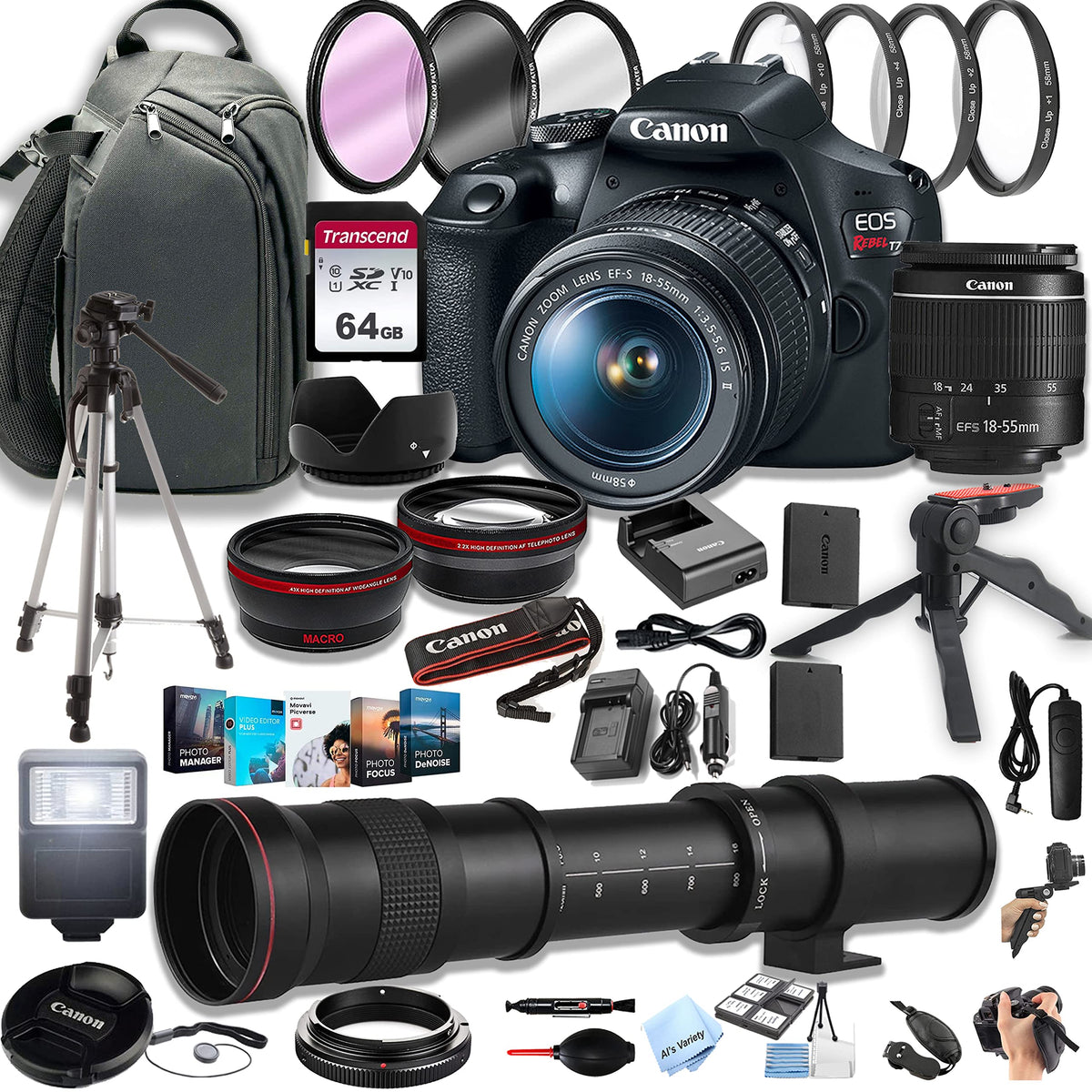 Canon EOS Rebel T7 bundle: camera body with 18-55mm lens for sharp everyday photography.