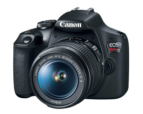 Canon EOS Rebel T7 front view with 18-55mm lens for versatile everyday shooting.