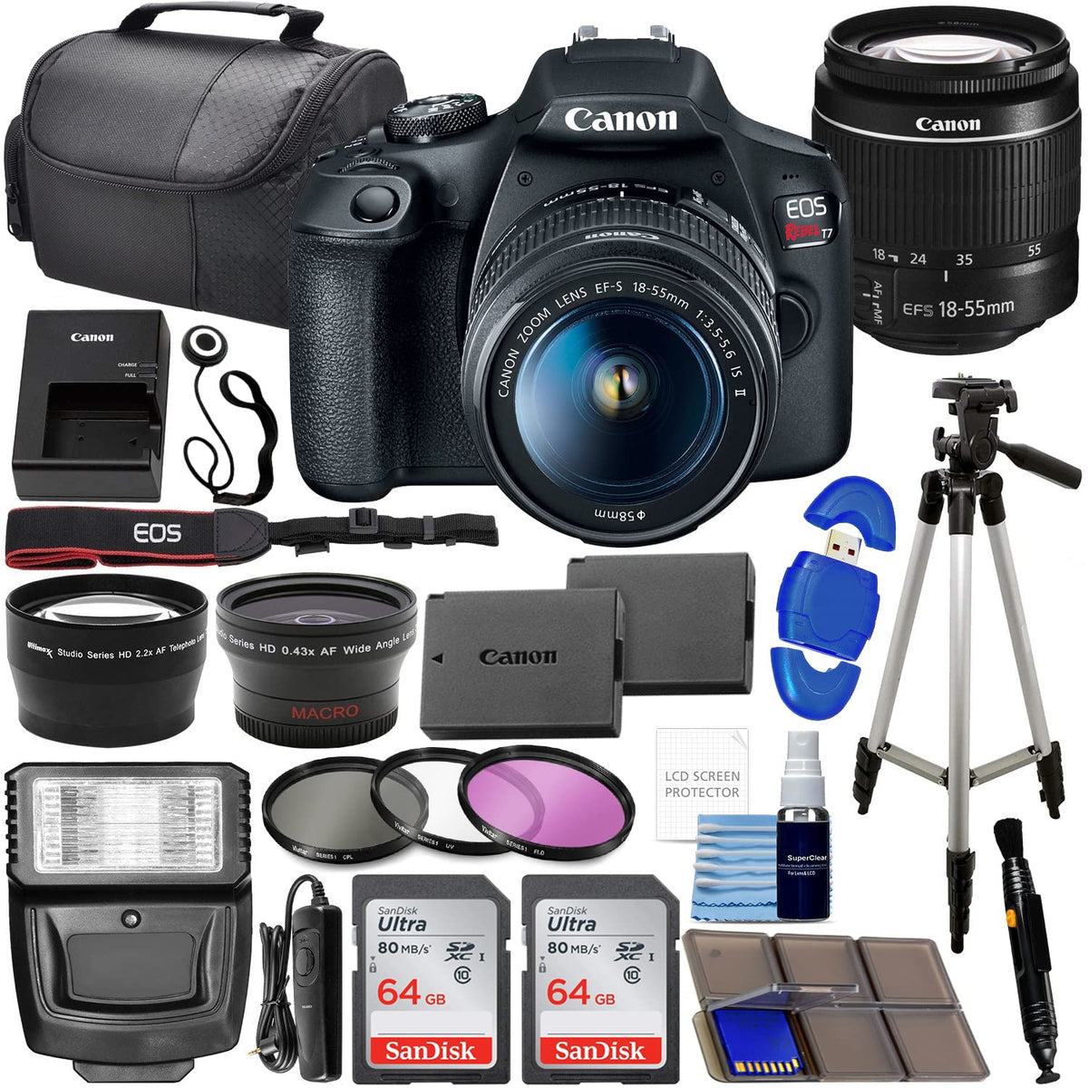 Canon EOS Rebel T7 DSLR front view with bundle accessories for beginners