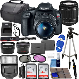Canon EOS Rebel T7 DSLR front view with bundle accessories for beginners
