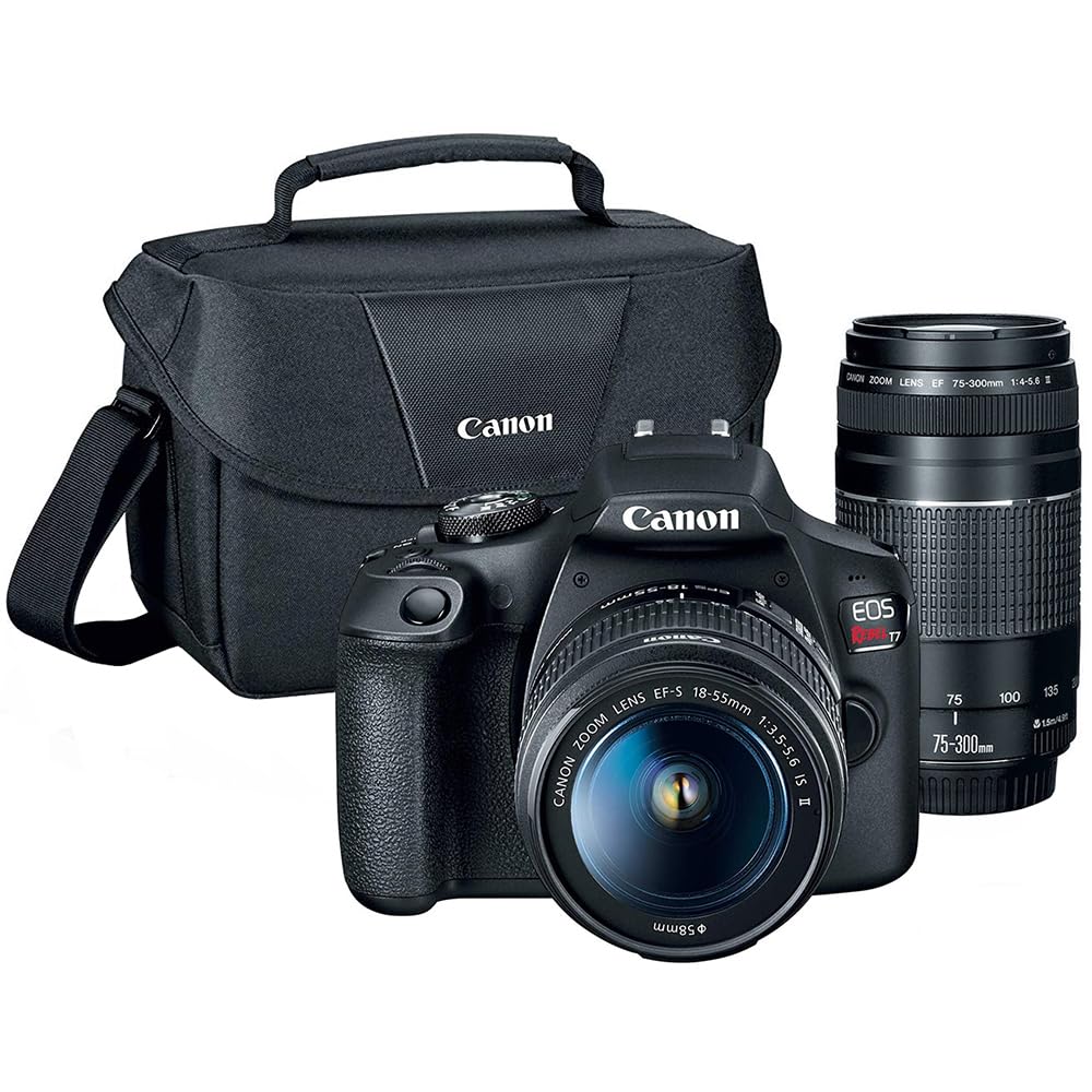 Canon EOS Rebel T7 with telephoto 75-300mm lens for distant subjects and versatile framing