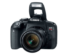 Canon EOS Rebel T7i body with kit lens ready for travel.