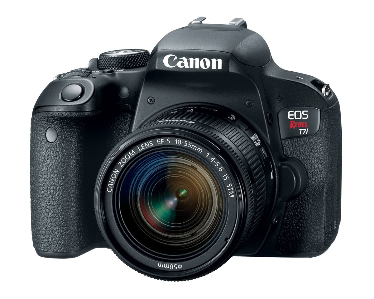 Canon EOS Rebel T7i front view showing compact DSLR design.