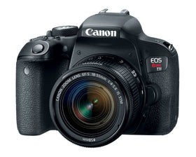Canon EOS Rebel T7i front view showing compact DSLR design.