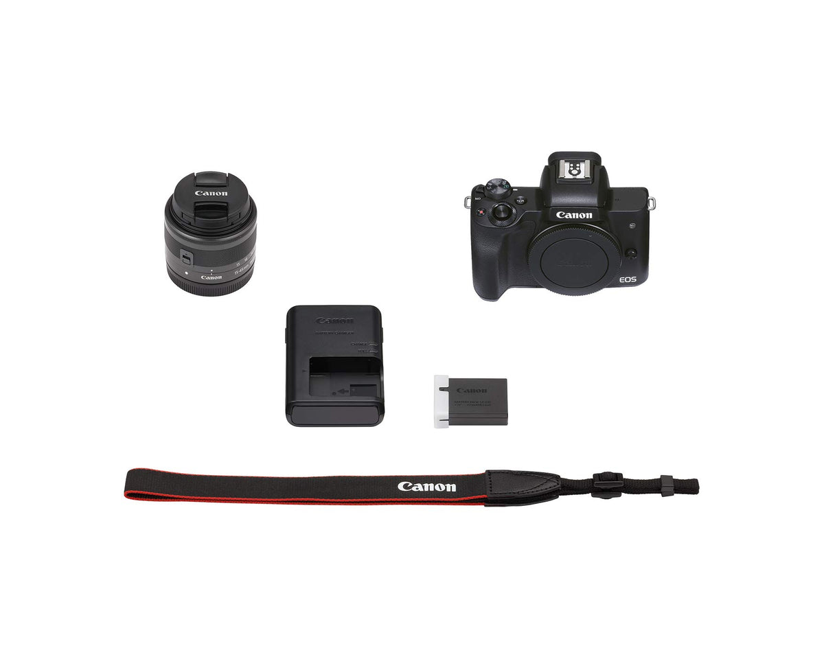 Canon EOS M50 Mark II kit with EF-M 15-45mm lens offers versatile travel zoom.