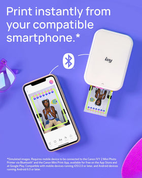 Canon Ivy 2 mini printer demonstrating Bluetooth connection to a smartphone