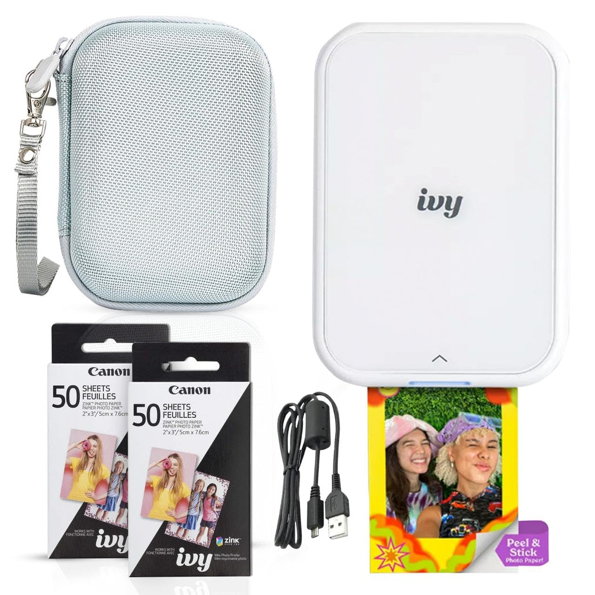 Canon Ivy 2 Mini Photo Printer with LED light bar for on-the-go prints.