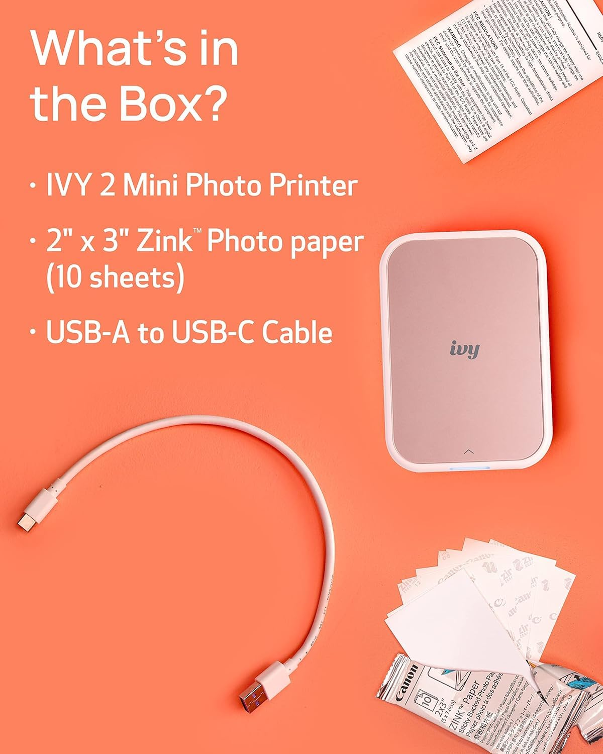 USB-C charging cable included with the Ivy 2 mini printer