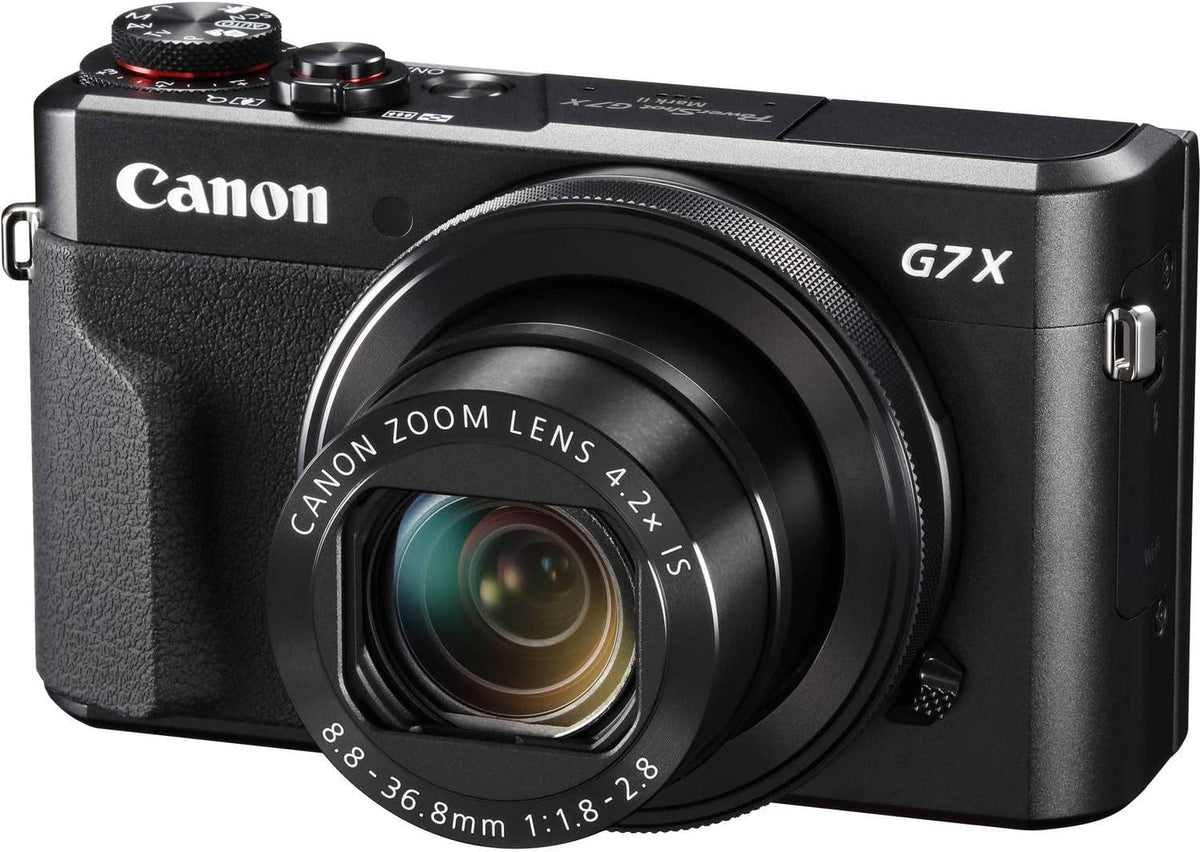 Canon PowerShot G7 X Mark II renewed front view, compact travel-friendly design.