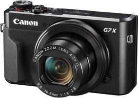 Canon PowerShot G7 X Mark II renewed front view, compact travel-friendly design.