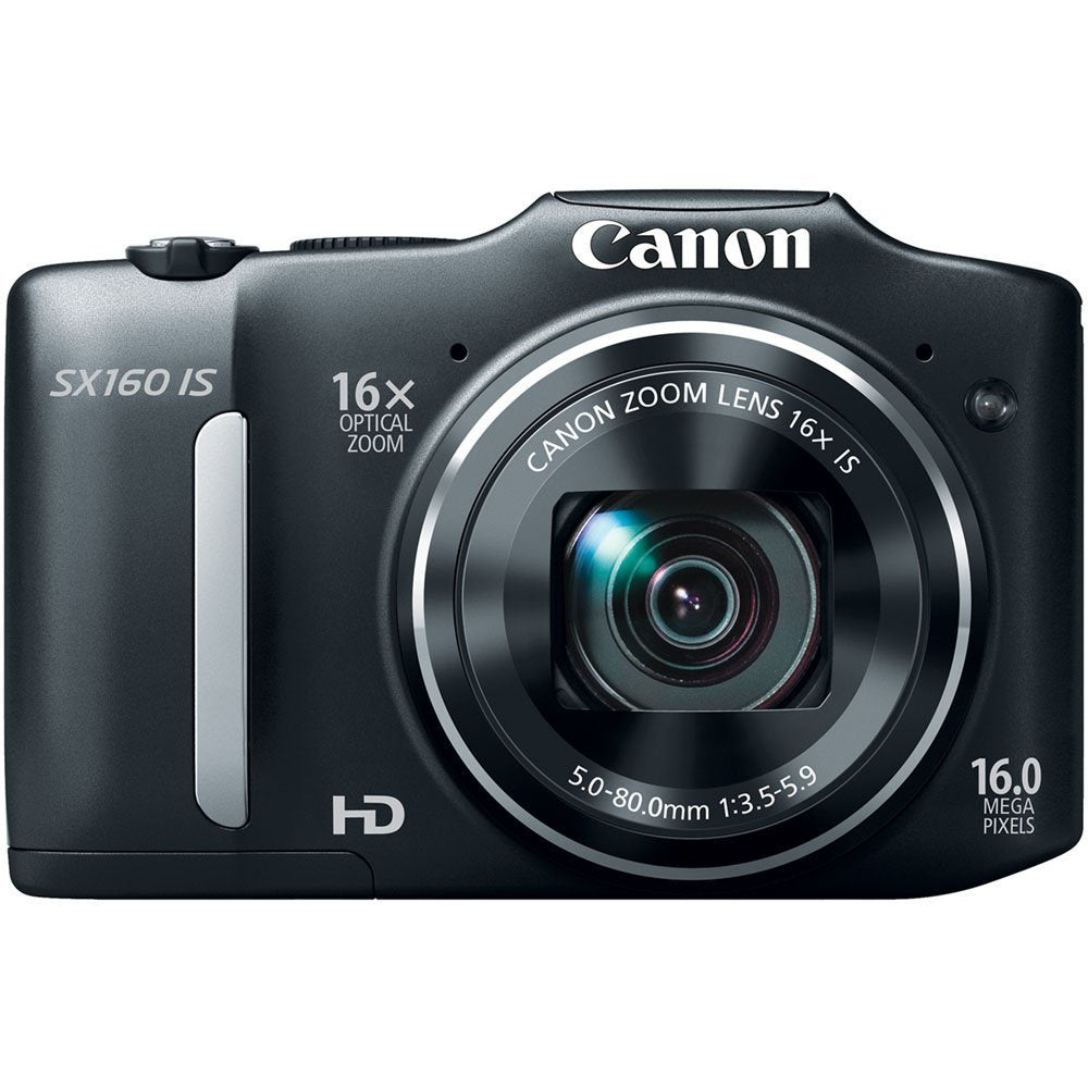 Canon PowerShot SX160 IS black body, compact design for easy everyday shooting.