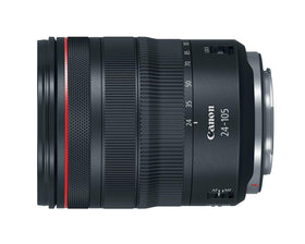 Canon RF 24-105mm f/4L IS USM lens angled shot, constant f/4 brightness for consistent framing.