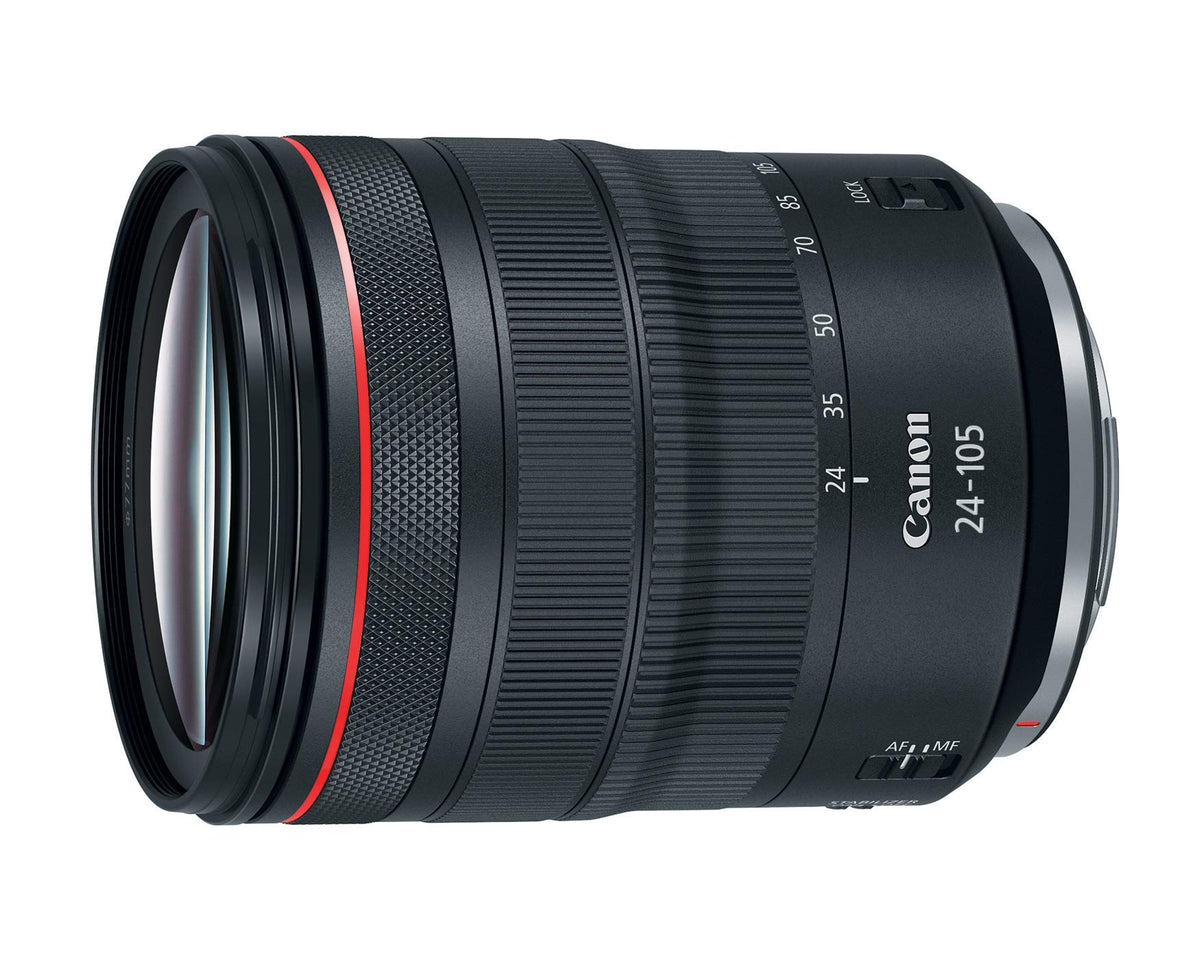Canon RF 24-105mm f/4L IS USM lens front view, versatile zoom for travel and events.