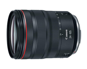 Canon RF 24-105mm f/4L IS USM lens front view, versatile zoom for travel and events.