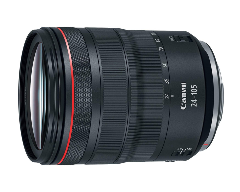 Canon RF 24-105mm f/4L IS USM lens front view, versatile zoom for travel and events.