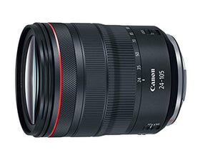 Canon RF 24-105mm f/4L IS USM lens side profile, lightweight balance for handheld shooting.