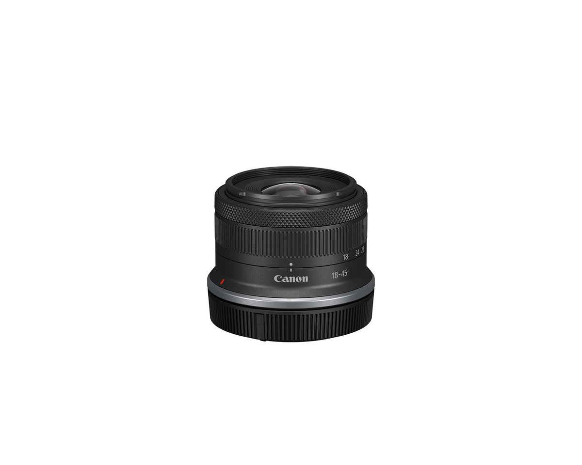 Canon RF-S18-45mm F4.5-6.3 IS STM compact zoom in a camera bag for travel versatility.