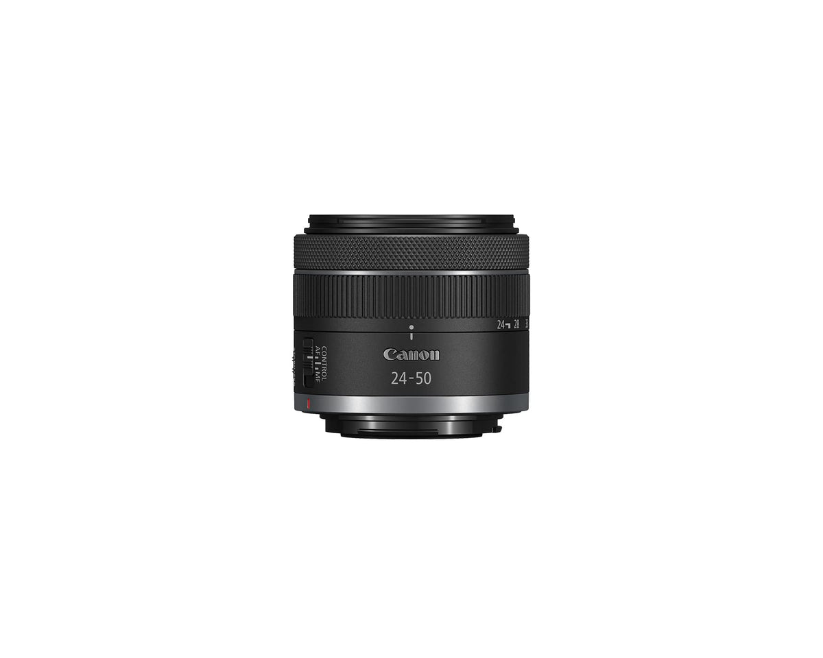 Canon RF24-50mm lens front view for EOS R, showcasing compact design and portability.