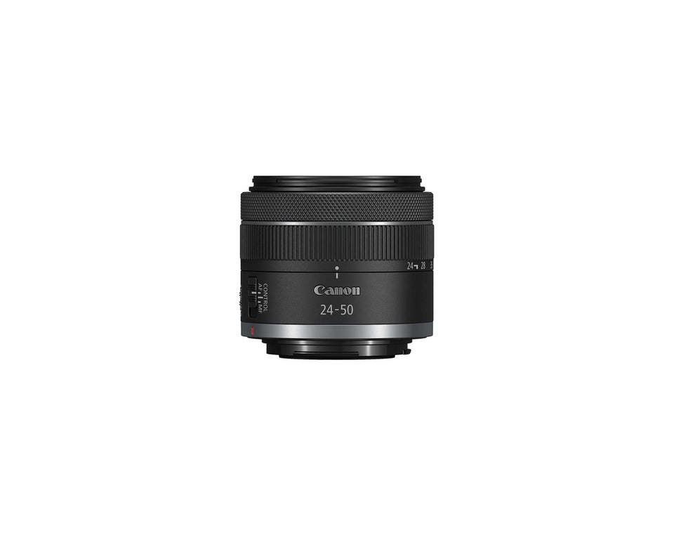 Canon RF24-50mm lens front view for EOS R, showcasing compact design and portability.