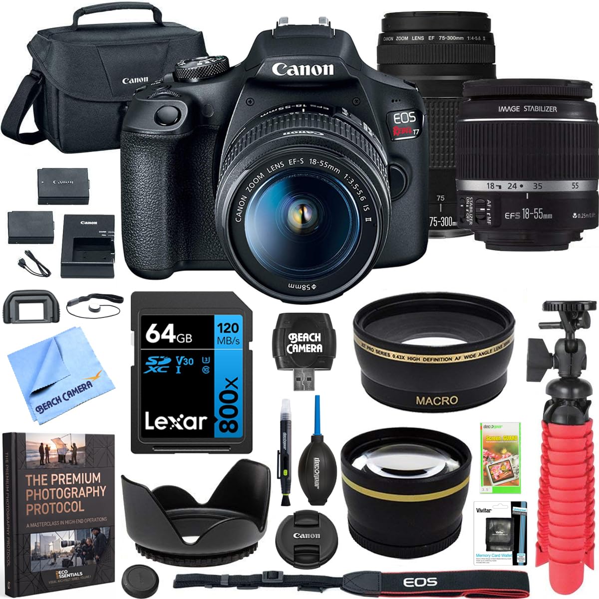 Canon EOS Rebel T7 front view showing comfortable grip and compact body for beginners.